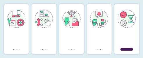 Features of PWAs onboarding mobile app screen. Web services. Walkthrough 5 steps editable graphic instructions with linear concepts. UI, UX, GUI template vector