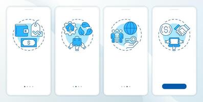 Benefits of sharing economy blue onboarding mobile app screen. Walkthrough 4 steps editable graphic instructions with linear concepts. UI, UX, GUI template vector