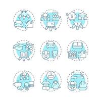 Sharing economy soft blue concept icons. System of goods and services exchange. Resources management. Icon pack. Round shape illustrations for presentation. Abstract idea vector