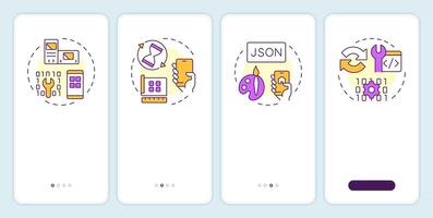 Components of PWAs onboarding mobile app screen. Development. Walkthrough 4 steps editable graphic instructions with linear concepts. UI, UX, GUI template vector