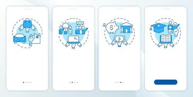 Types of collaborative economy blue onboarding mobile app screen. Walkthrough 4 steps editable graphic instructions with linear concepts. UI, UX, GUI template vector