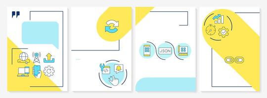 Progressive web applications blue and yellow brochure template. Features, components and pros. Leaflet design with linear icons. Editable 4 layouts vector