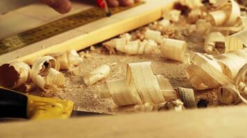 Crafting wood pieces with precision tools and shavings covering the workbench in a workshop video