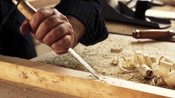Skilled woodworker shaping a wooden piece with precision in a workshop video