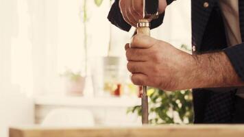 Craftsman using chisel and hammer to shape wood in bright workshop with plants video