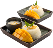 Mango sticky rice dessert in bright, colorful digital art. . png
