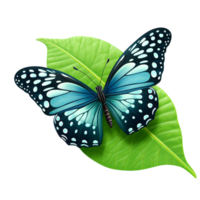 Elegant blue butterfly resting on a bright green leaf png