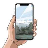 H holding a smartphone displaying a scenic mountain view png