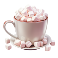 Hot cup of cocoa topped fluffy white marshmallows a saucer png