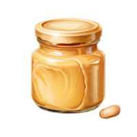 Glass jar filled creamy peanut butter a single peanut placed beside it png
