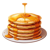 Stack of golden fluffy pancakes topped syrup dripping down png
