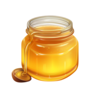 Glass jar filled golden honey dripping from the rim onto the surface png