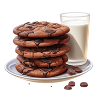 Stack of chocolate chip cookies a glass of fresh milk png