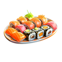 Delicious sushi platter with assorted rolls and chopsticks png