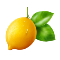 Fresh yellow lemon with a green leaf attached png