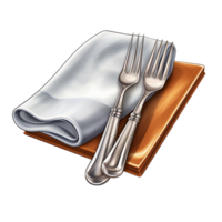 Neatly folded napkin with a spoon on a wooden tray png