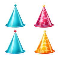 Four vibrant party hats in bright and bold colors png