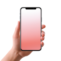 Hand holding a smartphone displaying a scenic mountain view png