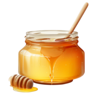 Golden honey jar with a wooden dipper resting inside and drips of honey on the surface png