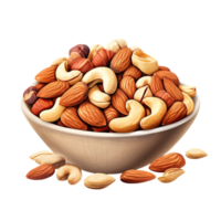 Wooden bowl filled with assorted crunchy nuts png