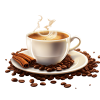 Steaming cup of black coffee with scattered roasted coffee beans png