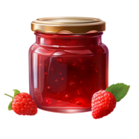 Glass jar of raspberry jam with a fresh raspberry on the side png