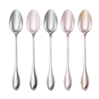 Set of five identical silver spoons aligned in a row png