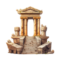 Ancient stone temple with tall columns surrounded by lush green trees and rocky steps png