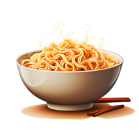 Bowl of steaming instant noodles with red chopsticks on the side png