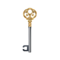 Antique silver key with a round handle and intricate engravings png