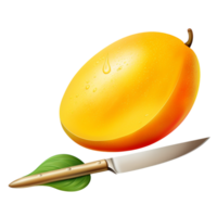 Golden yellow pear with a knife and a beautifully sliced section png