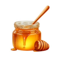 Glass jar of golden honey with a wooden dipper png