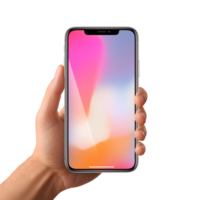 Hand holding a smartphone showing a scenic mountain view png