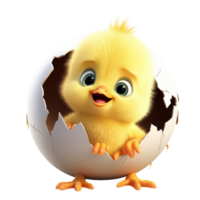 Cute, fluffy yellow chick emerging from a cracked eggshells png