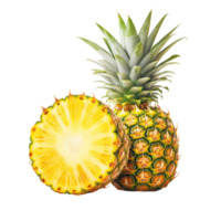 Whole and sliced pineapple showing bright yellow flesh and green crown png