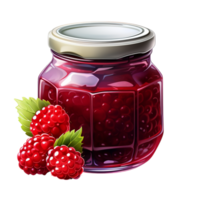 Glass jar of raspberry jam with a fresh raspberry placed beside it png