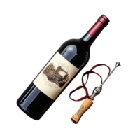 Elegant dark red wine bottle with a corkscrew positioned beside it png