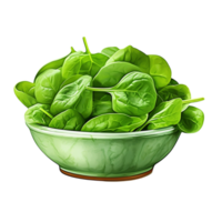 Green spinach leaves piled in a round ceramic bowl with a curved rim png