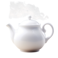 White ceramic teapot with a curved spout and round lid releasing steam png