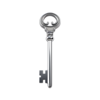 Shiny silver key with a circular hole and smooth finish png