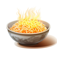 Bowl of steaming noodles with red chopsticks nearby png