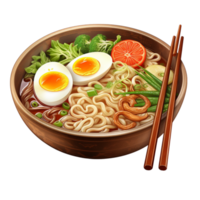 Bowl of delicious ramen noodles topped with vegetables and a boiled egg png