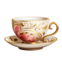 Elegant white teacup with a gold rim and curved handle png