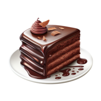 Rich chocolate cake slice with layers of creamy frosting and swirls on top png