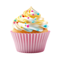 Yummy cupcake with soft pink frosting and colorful bright sprinkles png