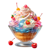Tasty ice cream sundae garnished with fruits and colorful sprinkles png