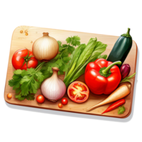 Wooden cutting board with vegetables and fragrant herbs png