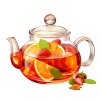 Glass teapot filled with fruit tea and floating citrus slices png