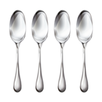 Set of five identical silver spoons aligned perfectly in a neat row png