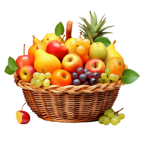 Wicker basket filled with a delightful variety of fresh ripe fruits png